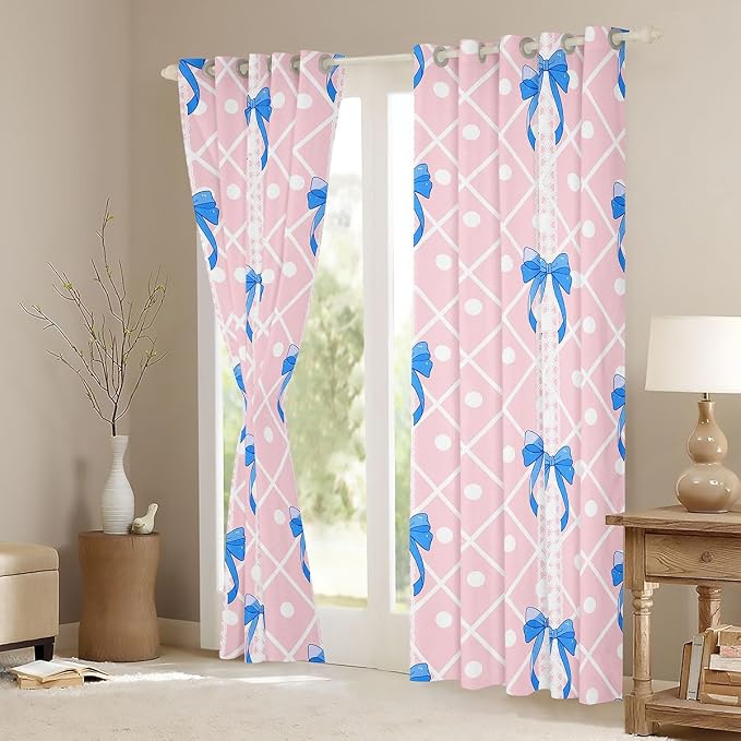 Feelyou Pink Girls Bow Curtains for Bedroom Living Room (2 Panels, 52 x 90 Inch) Cute Bowknot Darkening Dreapes Boys Teens Decor Stripes Blackout Curtains Blue Bow Window Treatments Kawaii