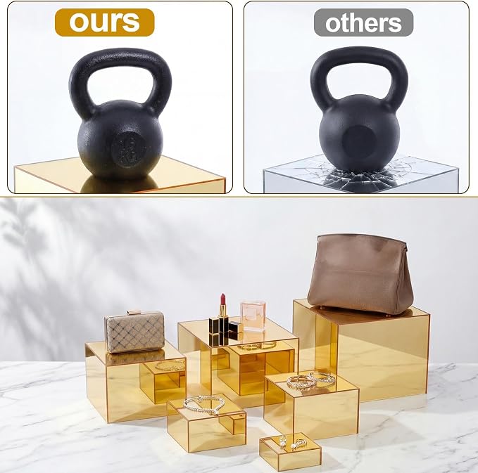 Geelin 6 Pack Acrylic Risers for Display Acrylic Cube Boxes Risers Display Stands with Hollow Bottoms Decorative Stand for Jewelry Candy Table Decor 6 Sizes(Gold,3 to 8 Inch,Square)