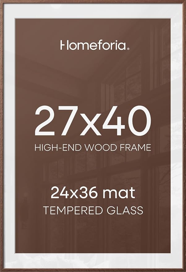 Homeforia 27x40 Poster Frame Brown, High End Dark Oak 27x40 Large Wooden Frame with Mat 24x36, 27 x 40 Walnut Wood Picture Frame Matted to 24 x 36, 40x27 Thin Frame, Tempered Glass, Wall Kit, Set of 2
