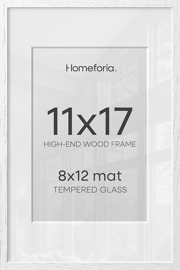 Homeforia 11x17 White Wood Frame, High End Oak 17 x 11 White Wooden Picture Frames with Mat 8 by 12, 11x17 Poster Frame Matted to 8x12 inch Photo, 17x11 Thin Frames, Tempered Glass, Wall Kit, Set of 3