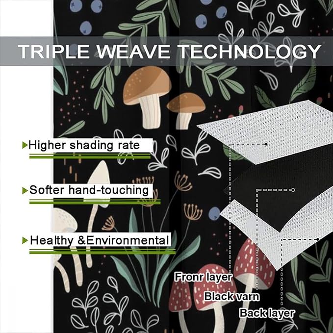 Mushroom Curtains, Cartoon Green Leaves Mushroom Wildflower Plant Botanical Boho Herb Nature Garden Print Blackout Window Drapes for Living Room Kids Bedroom 63x72in