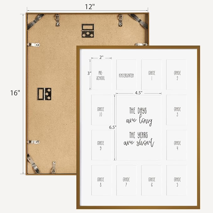 12x16 School Picture Frame K-12, Collage Frame for School Years, Bronze | Warm Bronze K-12 Frame with 13 Openings: One 5x7 & Twelve 2.5x3.5 for Pre-K to 12th Grade | Wall Kit Included