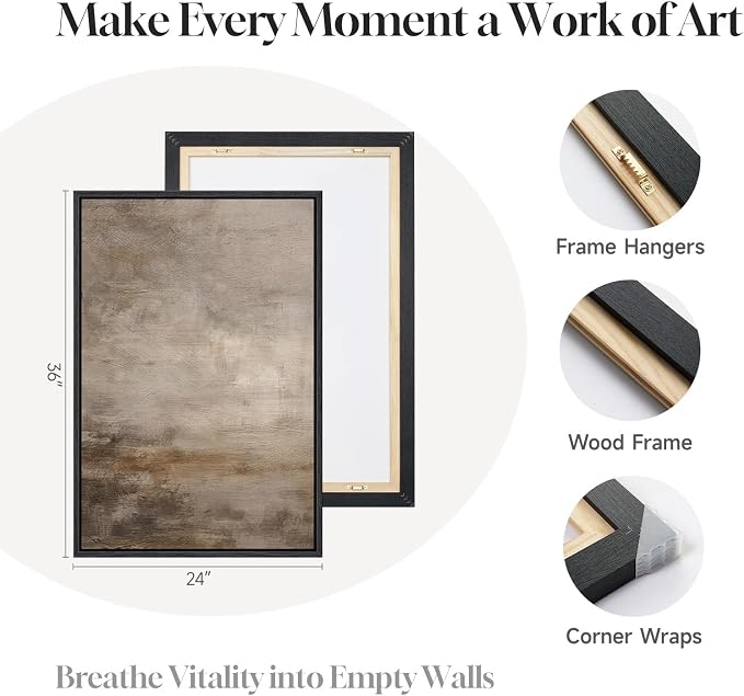 Large Framed Neutral Abstract Wall Art Set of 2 for Living Room, Minimalist Modern Brown Grey Canvas Artwork for Walls, Wabi Sabi Rustic Painting Print Wall Decor for Bedroom Home Office, 24x36 Inch