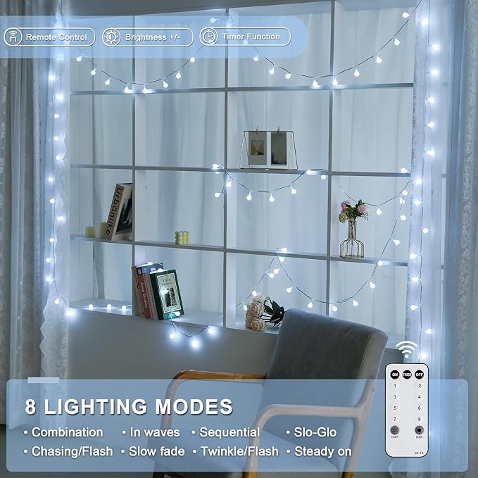 JMEXSUSS Connectable 100 LED Globe White String Lights Indoor for Bedroom | String Lights Plug in with Remote, 33 ft 8 Modes Christmas Fairy Lights Outdoor for Room Mirror Party Holiday Decor