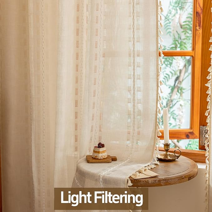Boho Curtains 90 inches Long 2 Panels for Bedroom Windows, Bohemian Semi Sheer Drapes,Beige Farmhouse Privacy Tassels Vintage Chic Drape Embroidery Window Treatments,Back Tab & Rod pocket Natural