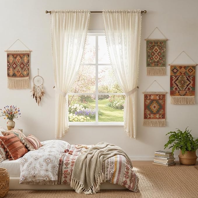 WAZZIO Boho Lace Curtains 2 Panels 63 Inches -Cute Vintage Victorian Sheer Panel Drape French Country Floral Pattern & Tassel Light Filtering Privacy for Bedroom Dining Living Room,Beige,W52x L63