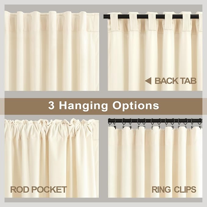 Cream Beige Velvet Curtain 84 Inch Length 2 Panel Back Tab Pocket Solid Soft Textured Luxury Drape Sound Reducing Light Filtering Thermal Insulated Living Room Darkening Curtain for Bedroom 52x84 Long