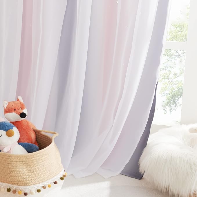 NICETOWN Curtains for Girls Bedroom Kids Curtain Hollow-Out Star Window Drapes Curtain 63 inches Length Room Darkening Grommet 2 Layers, 2 Panels, Pink & Grey, W52 x L63 inches