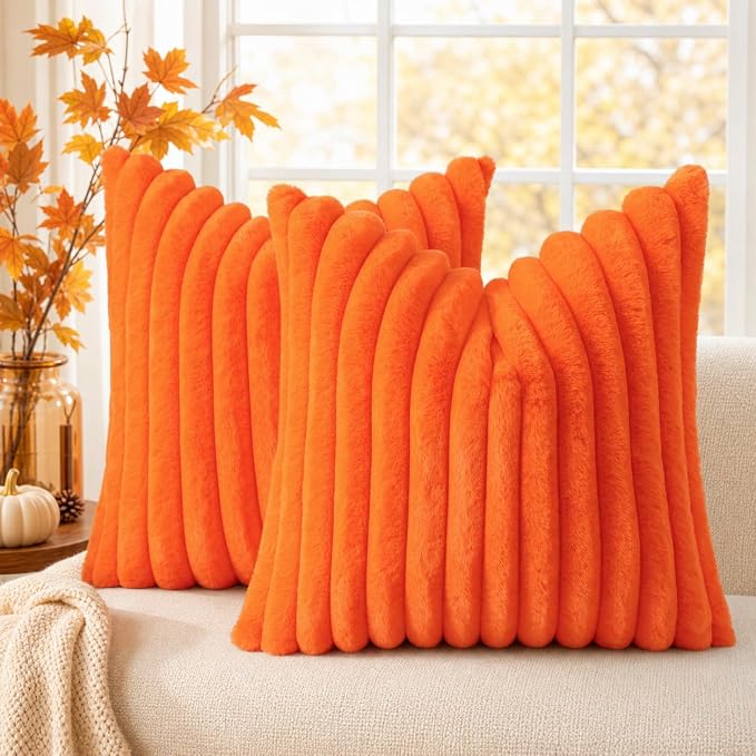 decorUhome Fall Cozy Faux Fur Throw Pillow Covers 24x24 Set of 2 Decorative Soft Plush Striped Modern Farmhouse Boho Couch Euro Sham Pillow Cases with Velvet Back for Sofa Bed Living Room, Orange