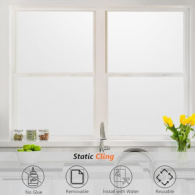 Kromapolis Window Privacy Film Frosted Glass Window Film, Heat Blocking Privacy Film for Glass Windows, Static Cling Non-Adhesive Frosting Window Stickers for Door Home (Frosted, 17.5 x 78.7 inch)