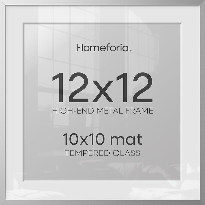 Homeforia 12x12 Silver Frame, High End Metal 12 x 12 Square Picture Frame with Mat 10 x 10 Photo, 12x12 Poster Frames Matted to 10x10 Print, 12 by 12 Hanging Frames, Tempered Glass, Wall Kit, Set of 2