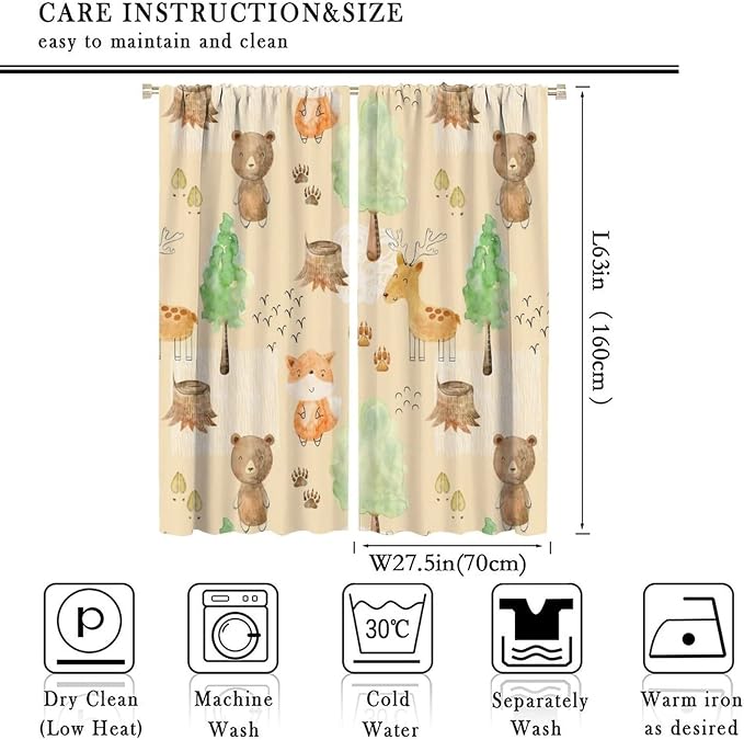 Rustic Animal Curtains, Wild Forest Animal Bear Fox Deer Kids Window Treatments for Living Room Bedroom, Farmhouse Woodland Blackout Drapes 2 Panel Sets, 55x63 Inch