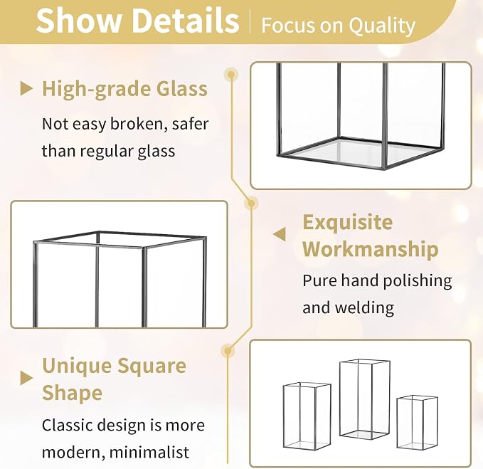 Nuptio Glass Hurricane Candle Holder for Pillar Candles 3 Pcs Black Metal Candle Holders Large Rectangular Candleholder Vase Centerpieces Decoration for Halloween Christmas Party 9.5 & 8.1 & 6.5 inch | Large Rectangular Candleholder Vase Centerpieces D...