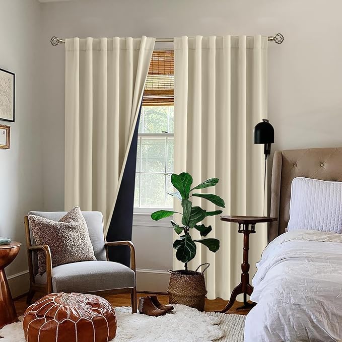 BGment Beige Full Blackout Curtains with Thermal Insulation Liner Curtains 90 Inches Long, Rod Pocket and Back Tab Double Layer Room Darkening Window Curtain for Bedroom(52 x 90 Inch, 2 Panels, Beige)