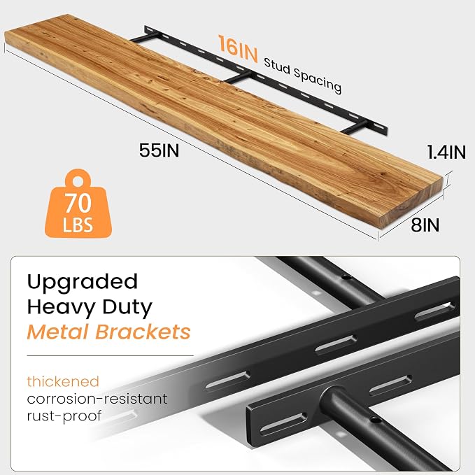 Fun Memories Floating Shelves for Wall, 55 Inch Rustic Live Edge Floating Shelf, Heavy-Duty Wall Shelves with Invisible Bracket Mount for Living Room, Bathroom, Bedroom, Kitchen, Natural