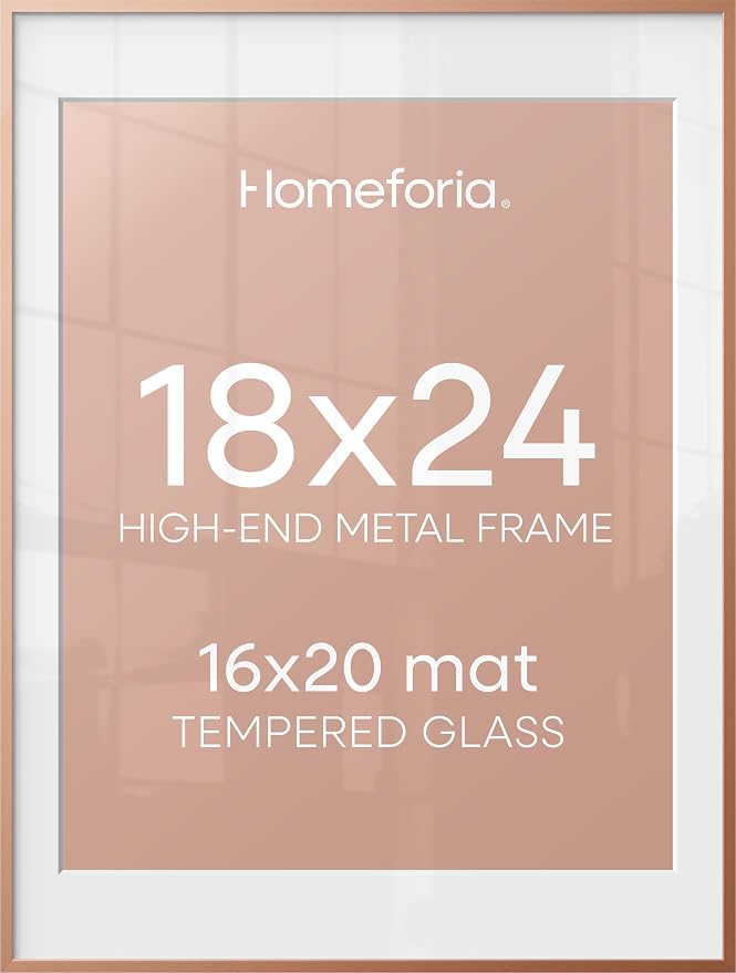 Homeforia 18x24 Frame Rose Gold, High End Metal 18x24 Poster Frames with Mat 16x20 inch Photo, 18 x 24 Rose Gold Picture Frame Matted to 16 by 20 Print, 24x18 Frame, Tempered Glass, Wall Kit, Set of 2