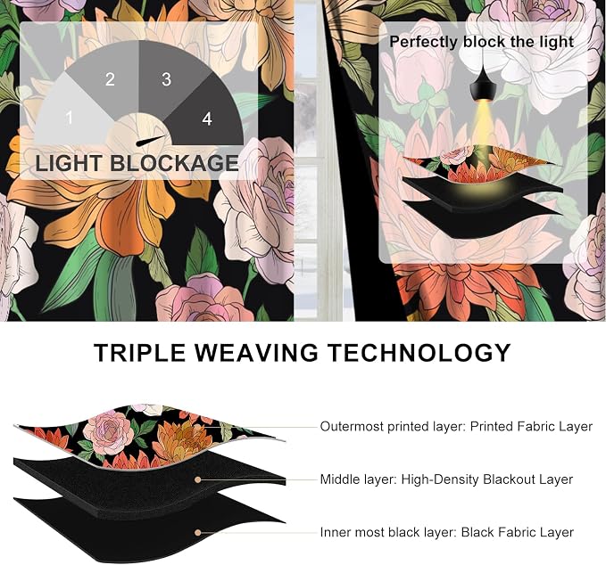 Boho Blackout Curtains 84 Inches Long 2 Panels Set with Curtain Tiebacks, Spring Thermal Insulated Soundproof Grommet Darkening Drapes, Vintage Floral Pattern Blackout Curtains for Bedroom Living Room