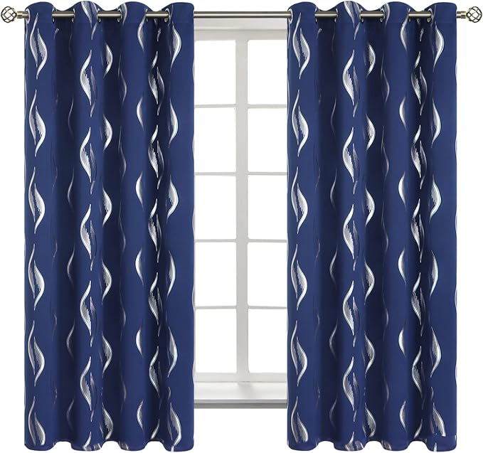 BGment Wavy Navy Blue Blackout Curtains 63 Inch Length 2 Panels Set, Thermal Insulated Privacy Grommet Window Drapes for Kids Boys Bedroom, 52 x 63 Inch