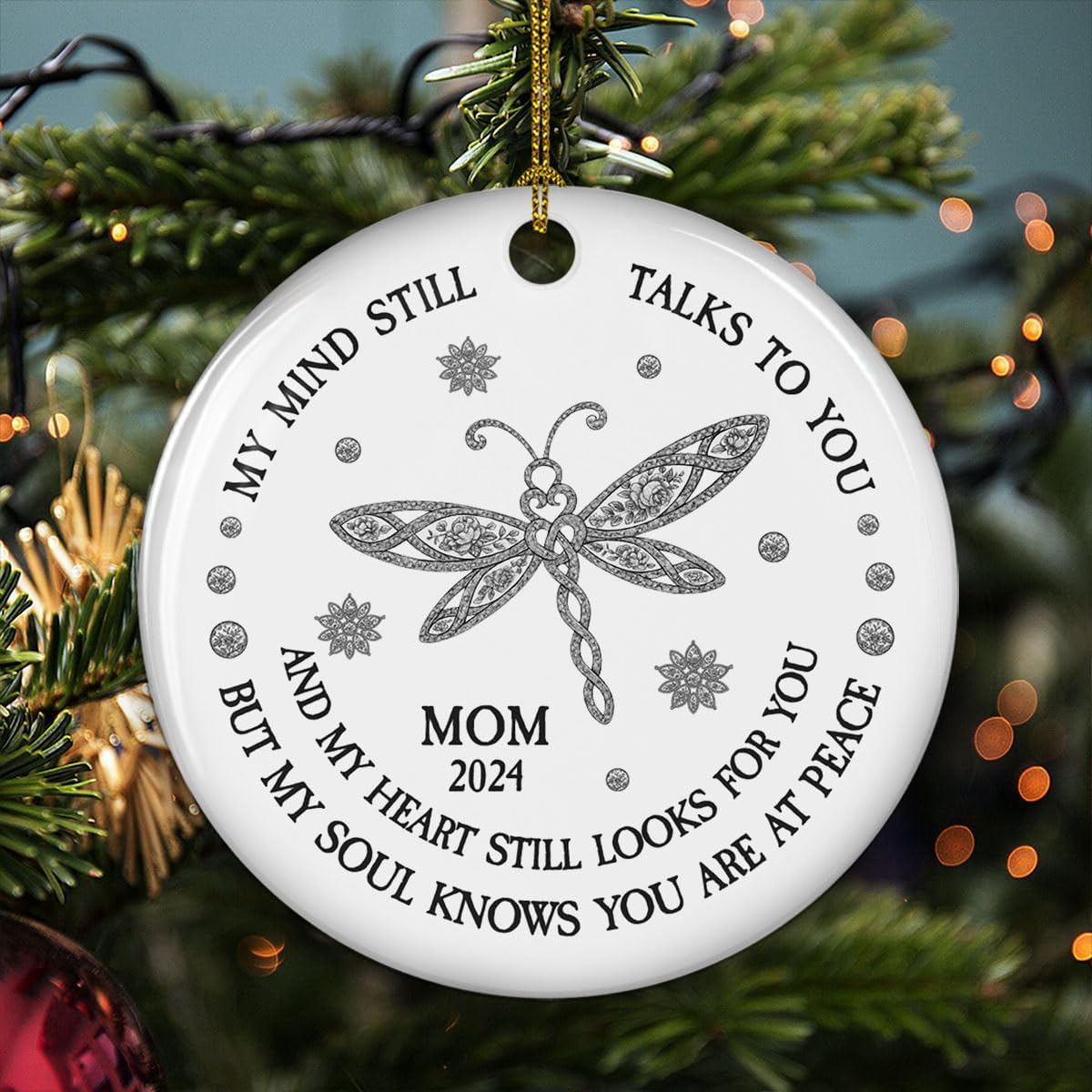 Personalized Memorial Christmas Ornament Toile De Jouy Style - My Mind Still Talks to You, Custom Name Remembrance Ceramic Ornament for Loss of Loved Ones, Sympathy Gifts for Deceased