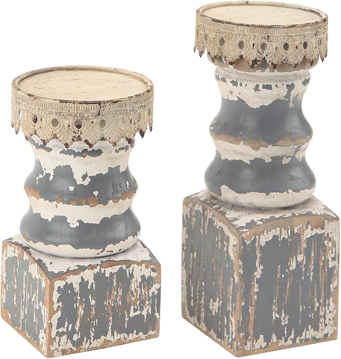 NIKKY HOME Farmhouse Rustic Solid Wood Pillar Candle Holders Set of 2, Grey | Distressed Wooden Candle Pedestals, Decorative Pillar Stands for Mantels, Fireplaces, Centerpieces Tables, Shabby Chic Decor