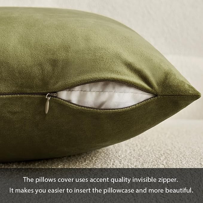 MIULEE 24x24 Inch Euro Sham Velvet Pillow Covers, Set of 2 Large Square Decorative Pillows -Olive Green Super Soft for King Bed, Sofa, Couch, Accent Chairs with Hidden Zipper