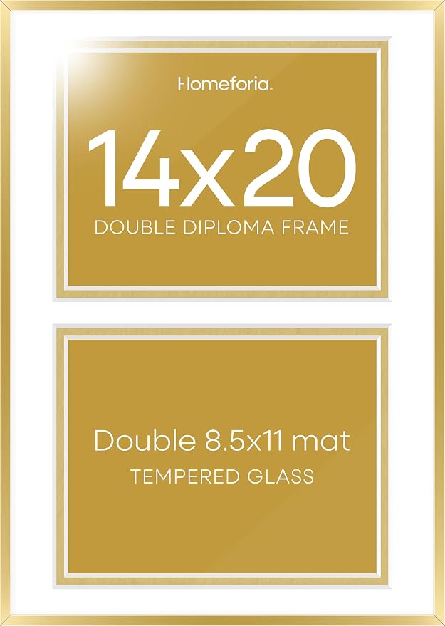 Homeforia 14x20 Double Diploma Frame Gold, High End Metal 14 x 20 Certificate Frames with Mat for Two 8.5x11 inch Diplomas, 20x14 Dual Award Graduation Matted Frame, Tempered Glass, Wall Kit, Set of 3