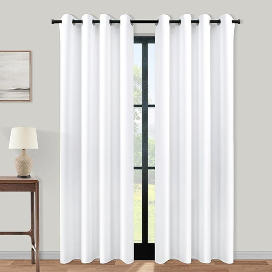 KOUFALL White Curtains 90 Inches Long for Living Room Window 2 Panels Semi Blackout Grommet Room Darkening Insulated Thermal Curtains for Bedroom 52x90 Inch Length