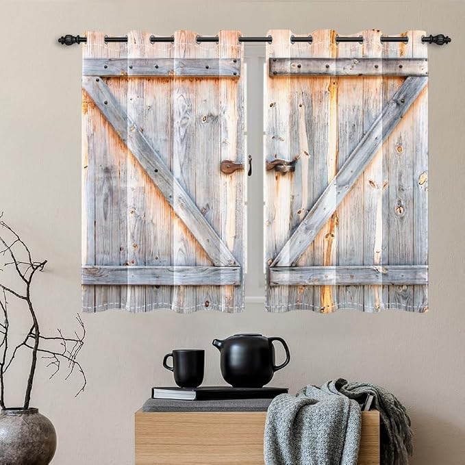Closed Wooden Door Window Curtains Rustic Vintage Barn Door Kitchen Curtains Countryside Farmhouse Old Wood Planks Light Blocking Bedroom Drapery Treatments with Grommets,21x45 inch,2 Panels