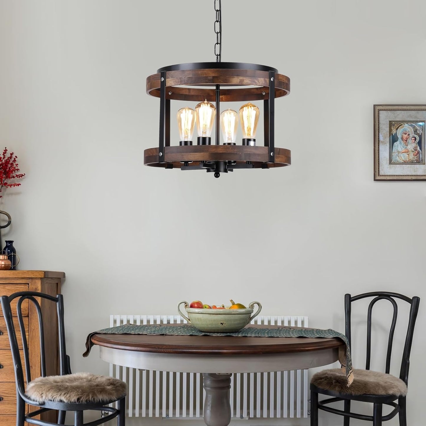 4-Light Large Rustic Farmhouse Wood Pendant Light Fixture with Adjustable Chain, 16.5 inch Oak Wood Drum Chandelier for Dining Room Kitchen Island Farmhouse Living Room Hallway, Black