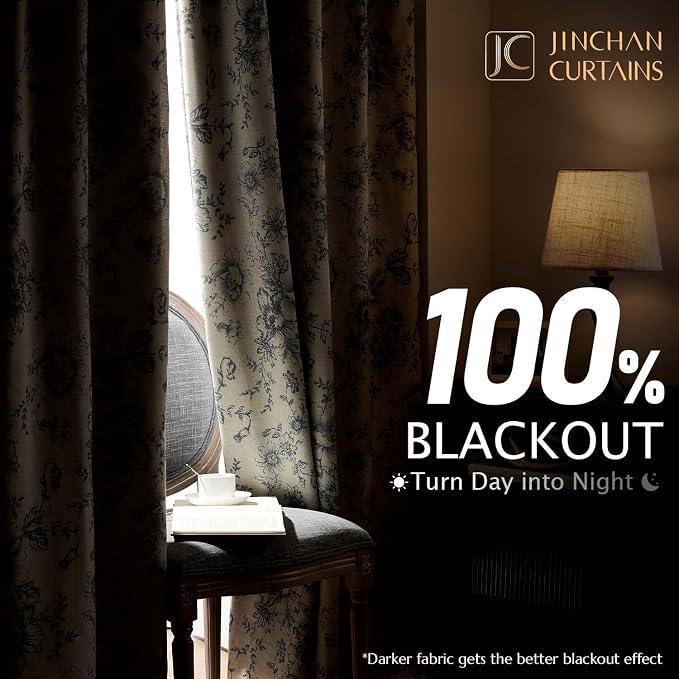 jinchan Blackout Floral Curtains for Living Room Bedroom Linen Blend Curtain Farmhouse Grey Printed with Lined Back Tab Rod Pocket Drapes Window Treatments 2 Panels 63 Inch Gray