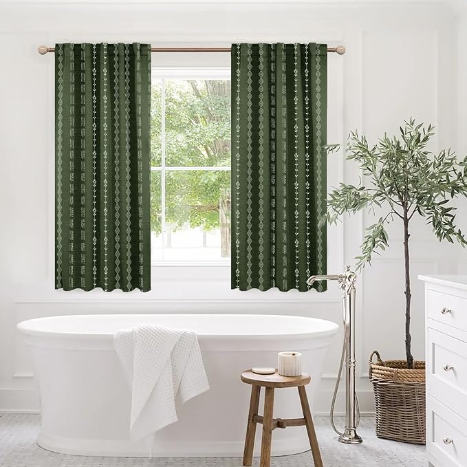 Lino Rosa Bathroom Curtains Window,Dark Leaf Green Boho Floral Privacy Opaque Spring Kitchen Curtains 45 Inch Length