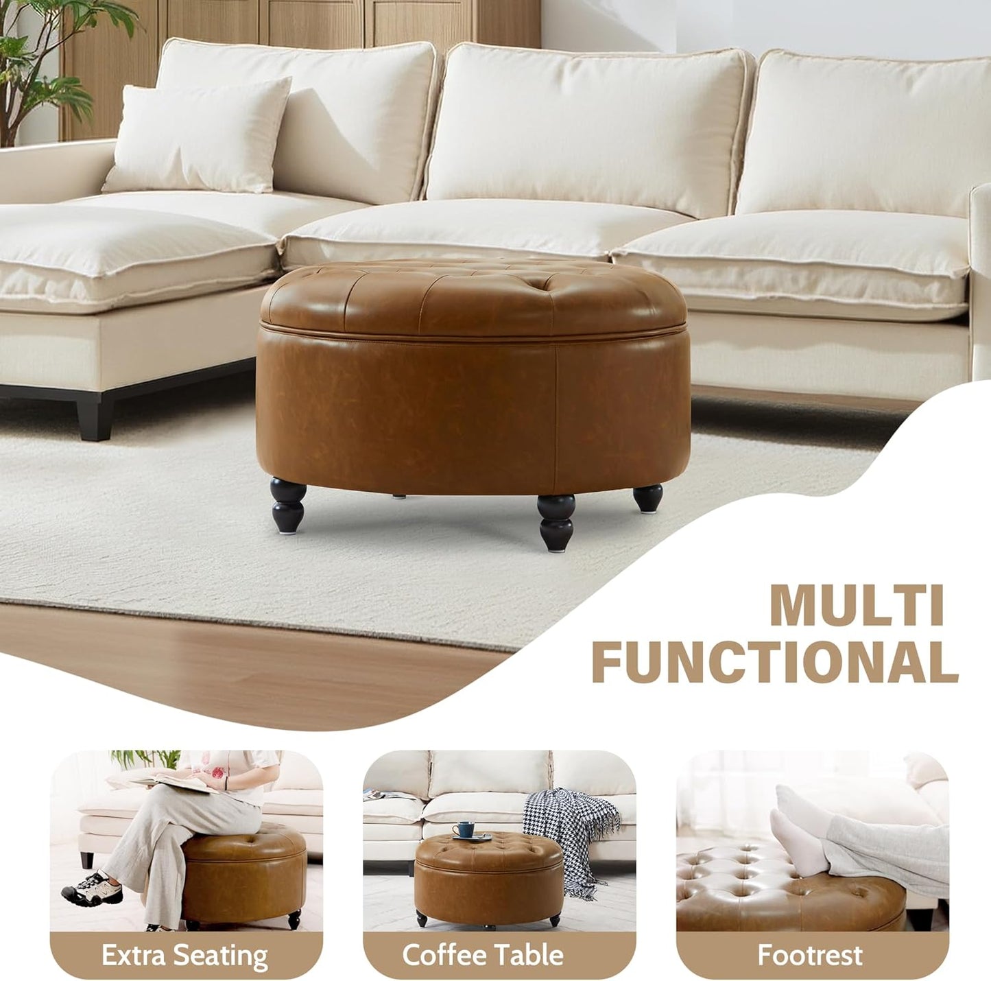 30-Inch Large Round Ottoman, Faux Leather Coffee Table with Removable Lid Top, Upholstered Footrest Modern Button Circle Storage Ottoman for Living Room, Office, PU Brown