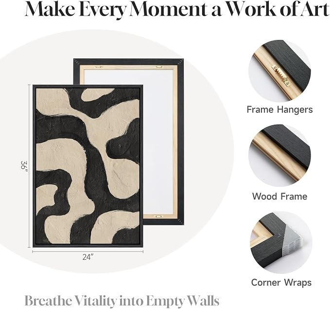 Framed Abstract Beige Black Wall Art for Living Room, Large Neutral Modern Canvas Artwork for Walls, Set of 2 Mid Century Elegant Picture Print for Bedroom Home Office Hallway Wall Decor, 24x36 Inch