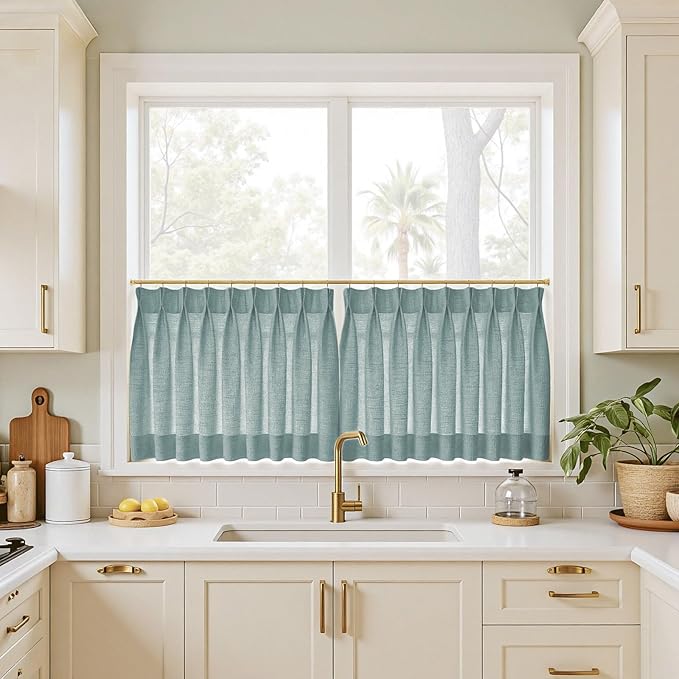 TWOPAGES 42" W x 36" L Linen Blend Cafe Curtains for Kitchen Window, Light Filtering Pinch Pleated Tier Curtains, Modern Farmhouse Half Window Curtains for Bathroom, Everglade Teal, 2 Panels