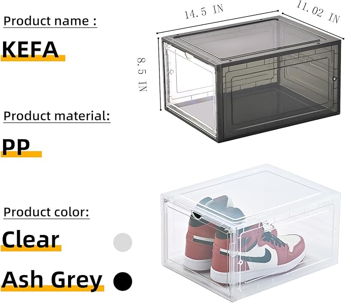 KEFA XL Shoe Storage Box, 6 Pack Clear Plastic Stackable Organizer, Fits US 15