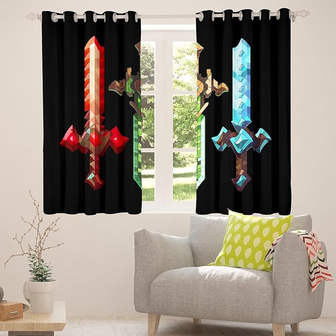 Castle Fairy Colorful Sword Window Curtain,Sandbox Building Games Living Room Decor Curtains,Boys Adult,Geometric Block Window Treatment Modern Miner Black Blackout Drapes 2 Panels,52Wx63L