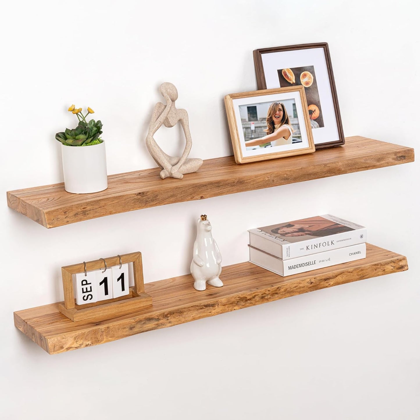 RICHFOCUS Live Edge Elm Floating Shelves - 40" W x 9.3" D Rustic Solid Wood Wall Shelves with Invisible Bracket, Wall-Mounted for Living Room, Bedroom, Kitchen Storage & Display, Set of 2, Natural