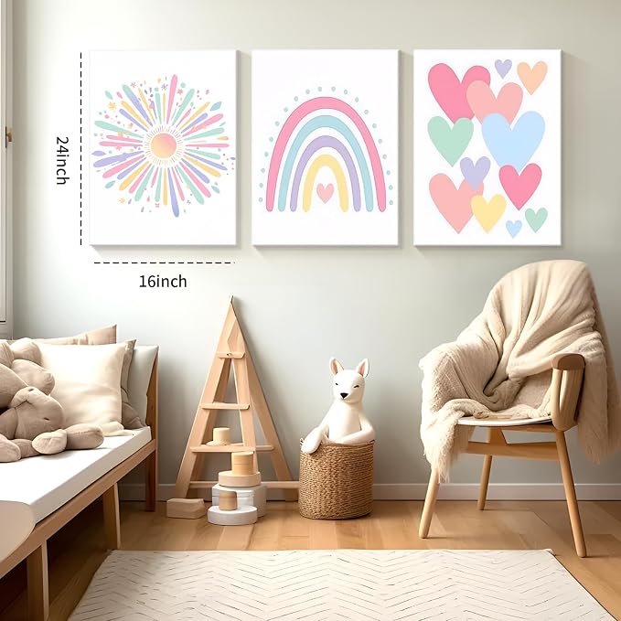 3 Piece Toddler Girl Room Decor Rainbow Decor for Girls Bedroom 16x24 Inch | Colorful Boho Sunshine Paintings for Nursery Decor, Kids Room Wall Decor, Classroom Decoration