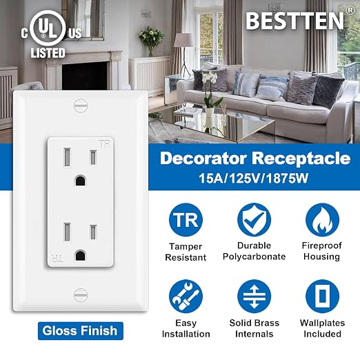 BESTTEN 20 Pack 15 Amp Tamper Resistant Decor Receptacle, Standard Electrical Wall Outlet, Residential and Commercial Use, 15A/125V/1875W, Wallplate Included, UL Listed, White