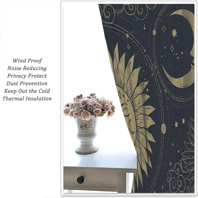 Bohemian Sun Moon Blackout Curtains, Golden Sun Moon Stars Vintage Galaxy Printed Window Drapes, for Bedroom Living Room 52" W X 84" L