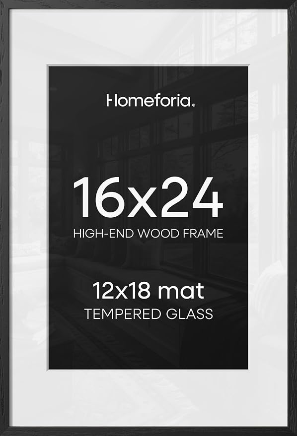 Homeforia 16x24 Black Wood Frame, High End Oak 16x24 Picture Frames with Mat 12x18 Photo, 16 x 24 Wooden Poster Frame Matted to 12 by 18 Print, 24x16 Hanging Frames, Tempered Glass, Wall Kit, Set of 1
