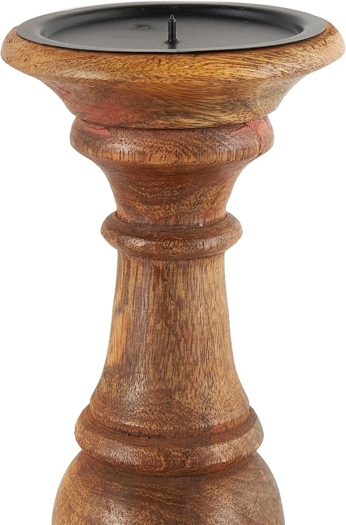 Deco 79 Mango Wood Candle Holders, Set of 3, 10", 8", 6"H, Brown | Decorative turned style pillar candle stand, candlestick holder