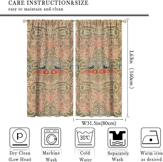 Retro Bohemian William Morris Blackout Window Curtains, Vintage Peacock Abstract Art Pattern Print Window Drapes, for Bedroom Living Room 31.5(W)*63(L) 2 Panels