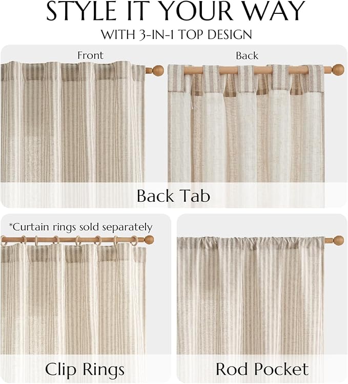 jinchan Linen Curtains 84 Inch Taupe Grey Stripe on Beige Back Tab 2 Panels | Curtains For Living Room Bedroom,Ticking Stripe, Farmhouse Cottage Core Rustic,Rod Pocket Window Treatment,Light Filtering