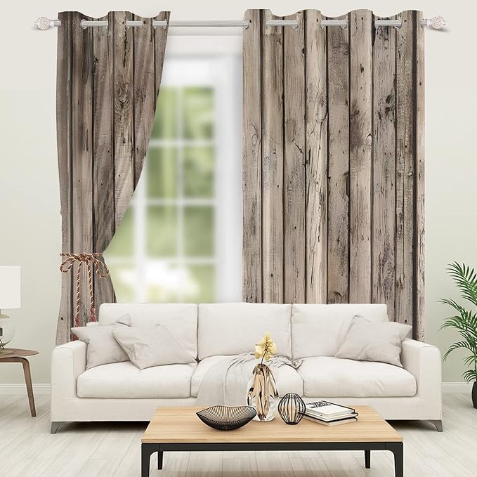 Rustic Curtains Vintage Grey Wood Barn Door Window Curtains Wood Planks American Rural Garage Door Drapes Earth Tone Wooden Door Window Treatments Native Farmhouse Decor,42x96 inch,2 Panels