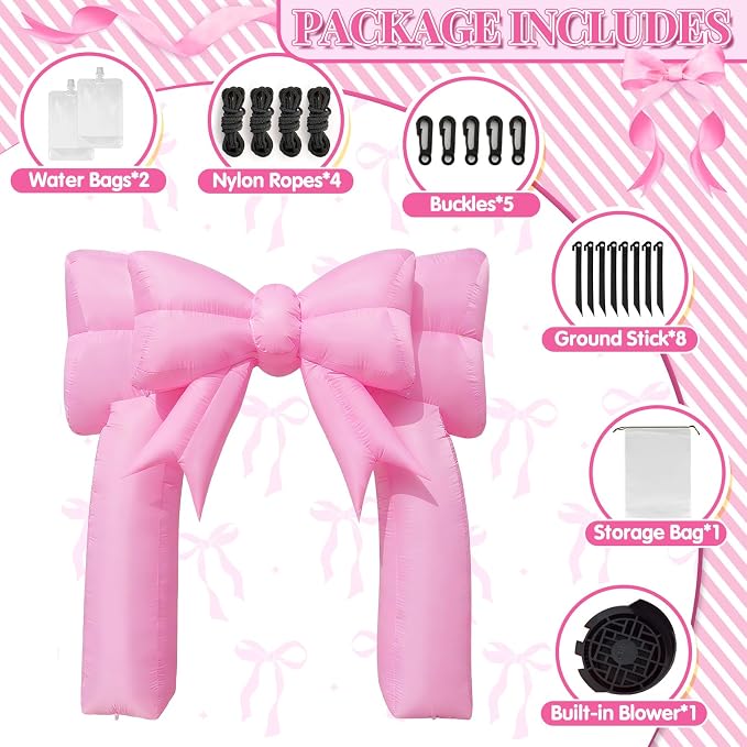 9FT Pink Bow Inflatable Arch Outdoor Decorations Giant Blow-up Bow Arch Built-in 5 LED Lights for Pink Birthday Party Decor Wedding Coquette Bachelorette Bridal Party Supplies Yard Garden Lawn