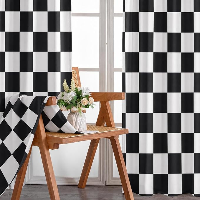 Black and White Curtains for Bedroom,Rod Pocket Checkered Semi Sheer Curtains Retro Plaid Light Filtering Curtains & Drapes for Living Room,Set of 2 Modern Window Curtain Panels,52 x 84 Inch