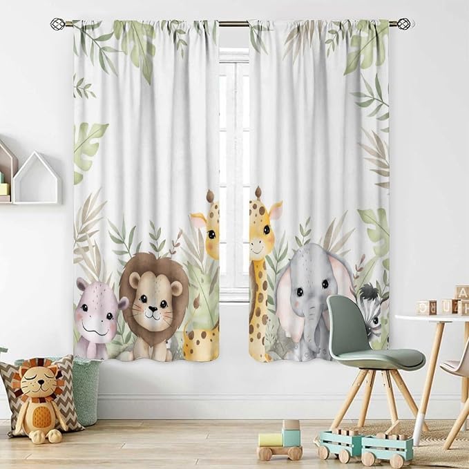 Nursery Curtains Jungle Safari Theme with Giraffe Print, Kids Room Classroom Decor, 42x45 Inches, 75% Blackout Fabric for Baby Nursery, Animal Cub Design, Easy Install & Machine Washable