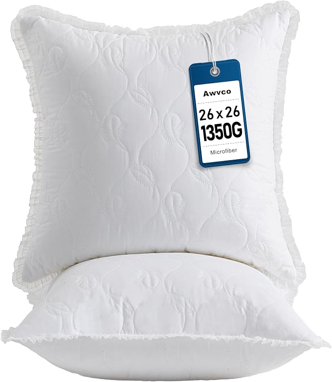 26 x 26 Throw Pillow Inserts with Lace Edge - Soft and Fluffy, Breathable Quilted Cotton Fabric - Decorative Pillows for Couch Sofa Bed, White, Pack of 2