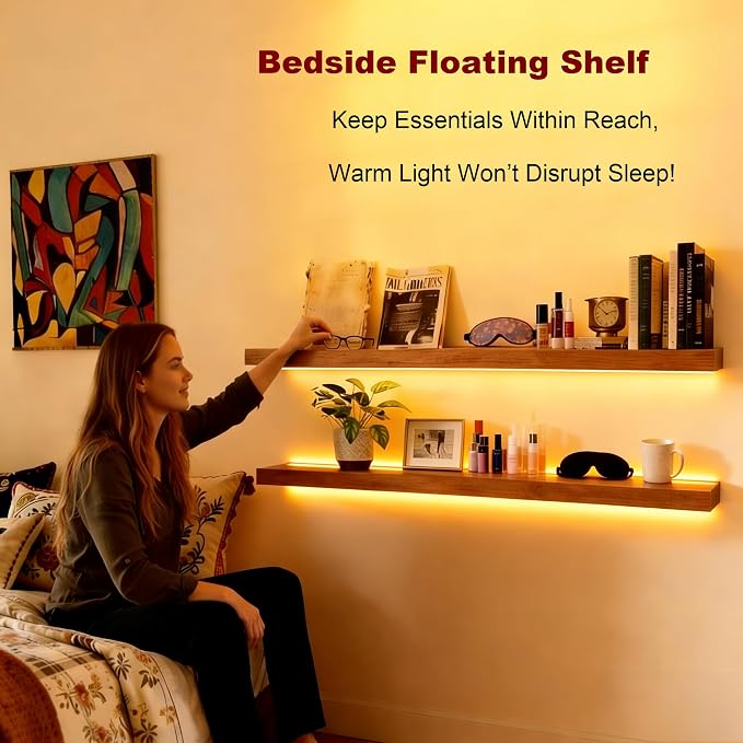 ROGMARS 36 Inches Long Walnut Floating Shelves with Led Light | Rustic Solid Wood Farmhouse Wall Shelves with Invisible Brackets for Bedroom, Living Room, Kitchen, Bathroom Set of 2